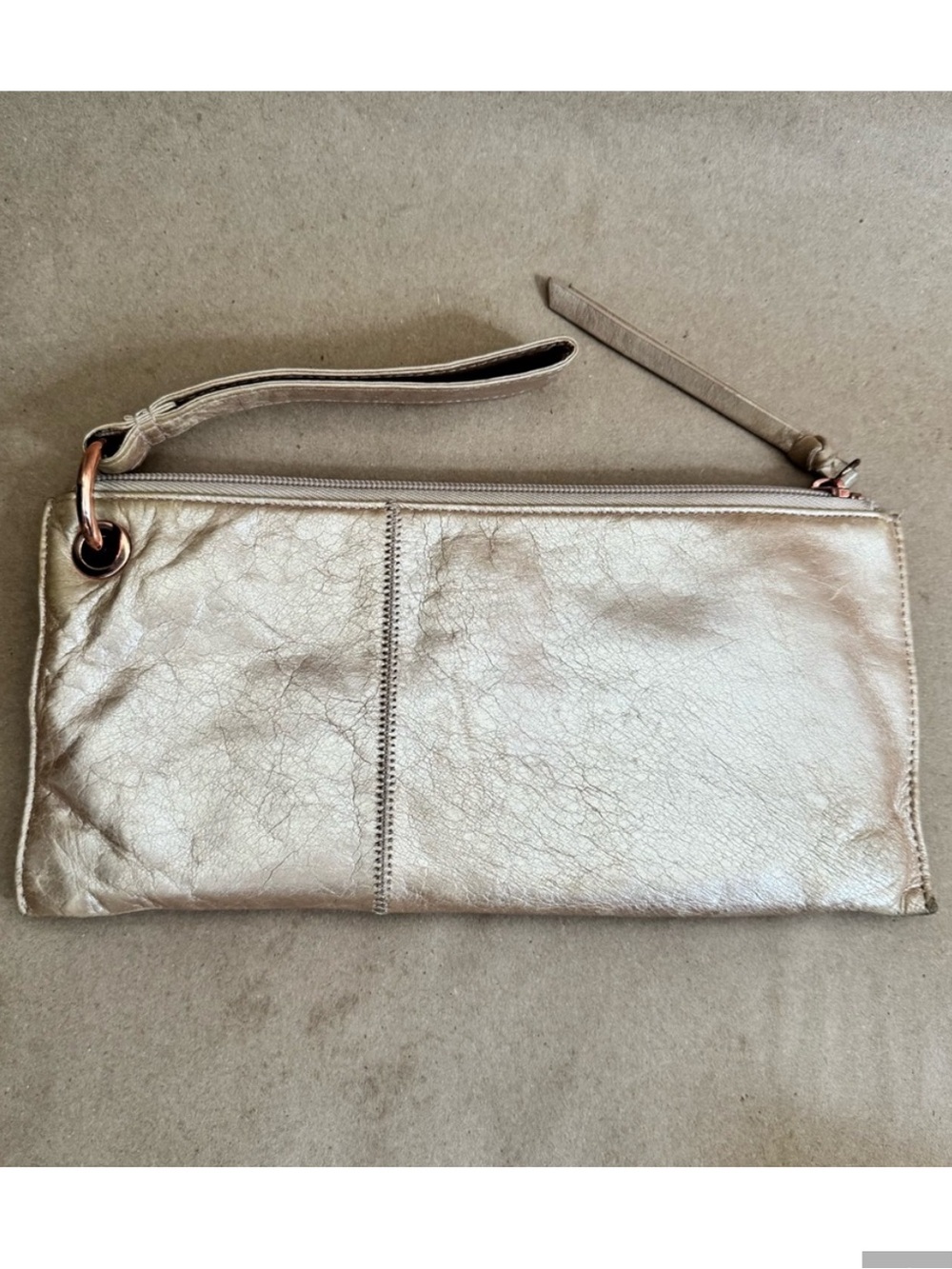 Hobo Vida Gold Leather Wristlet with Rose Gold coloured Hardware. 10" x 5" x 0.5